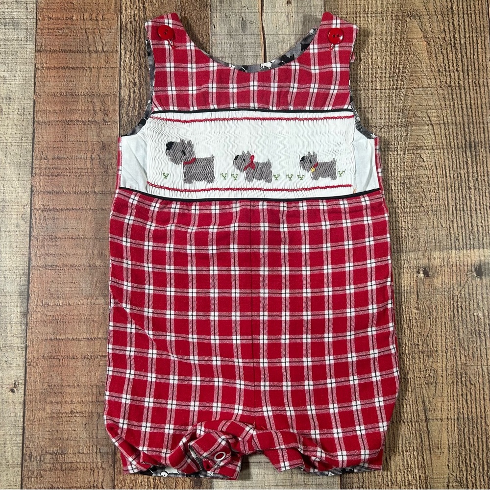 Hand Smocked Baby Romper 3 Months Scottie Dog Plaid Handmade Lined Vintage